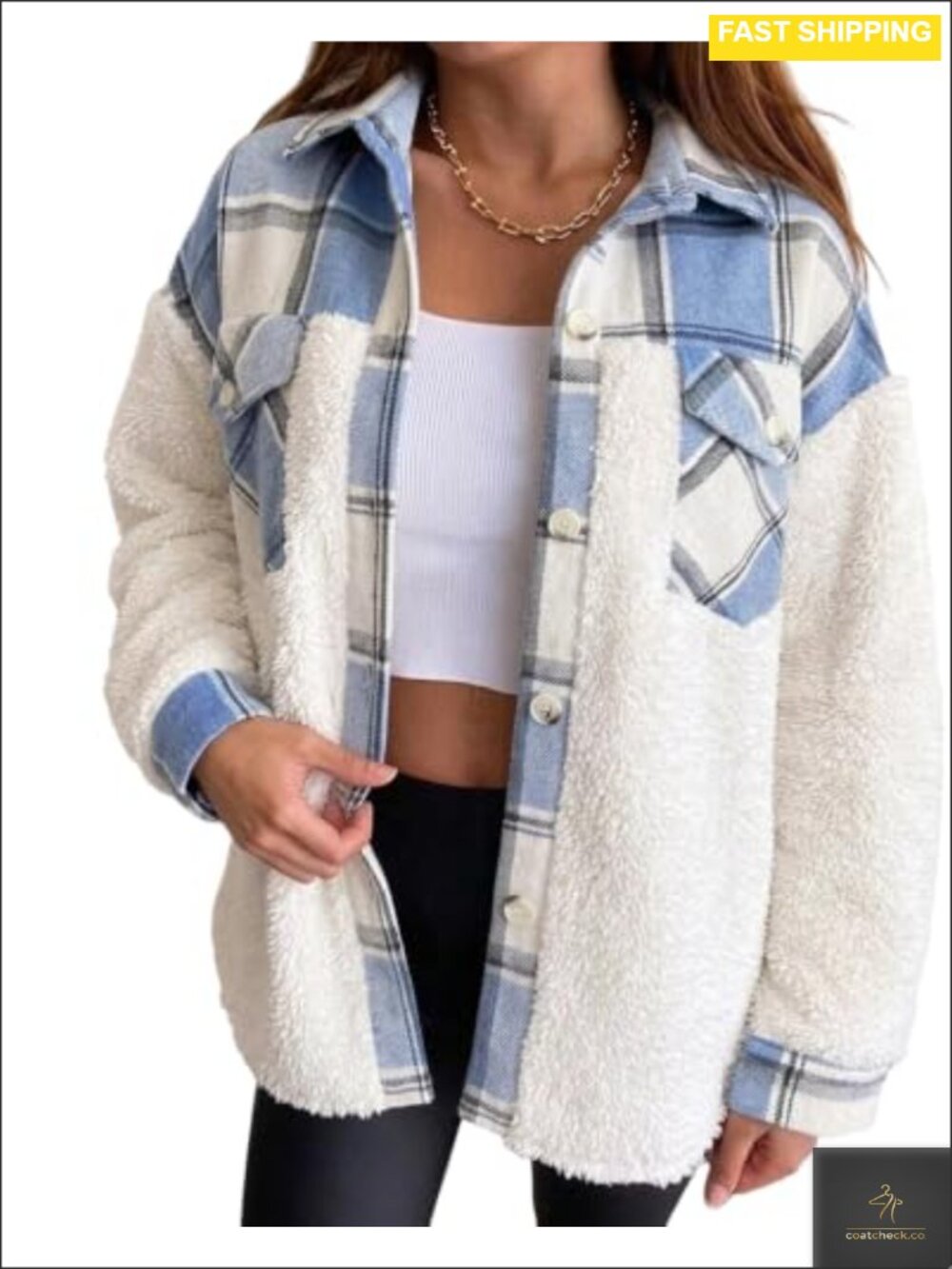 Fleece Lined Plaid Patchwork Sherpa Shacket Button Front Loose Fit